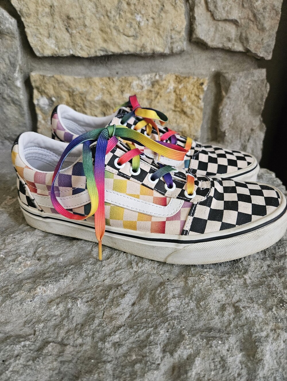 Vans Ward Black, White, and Rainbow Check Women's Sneakers 9